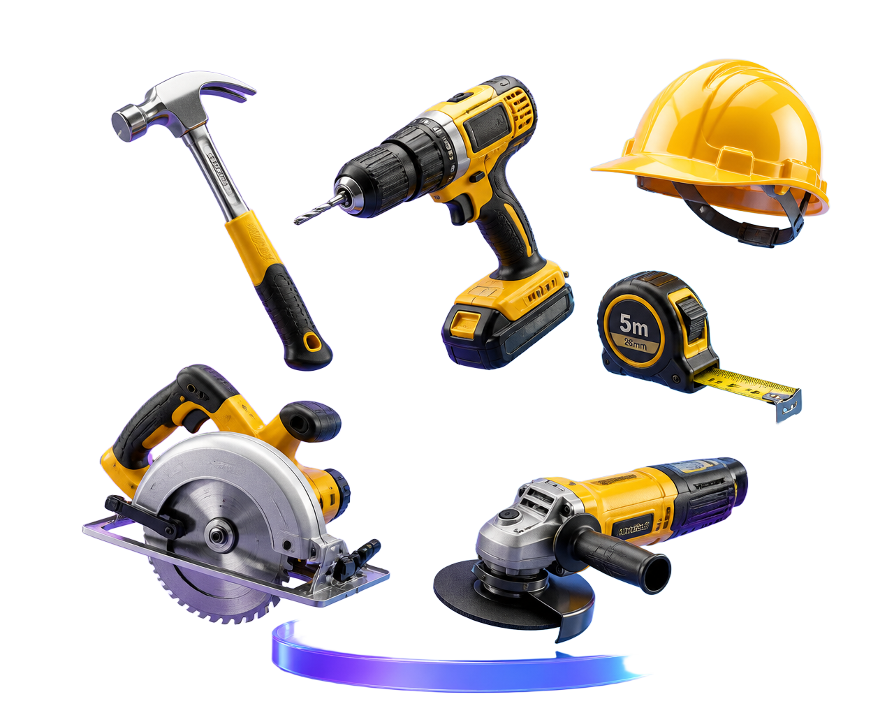 3D construction tools — drill, hammer, saw, hard hat, measuring tape